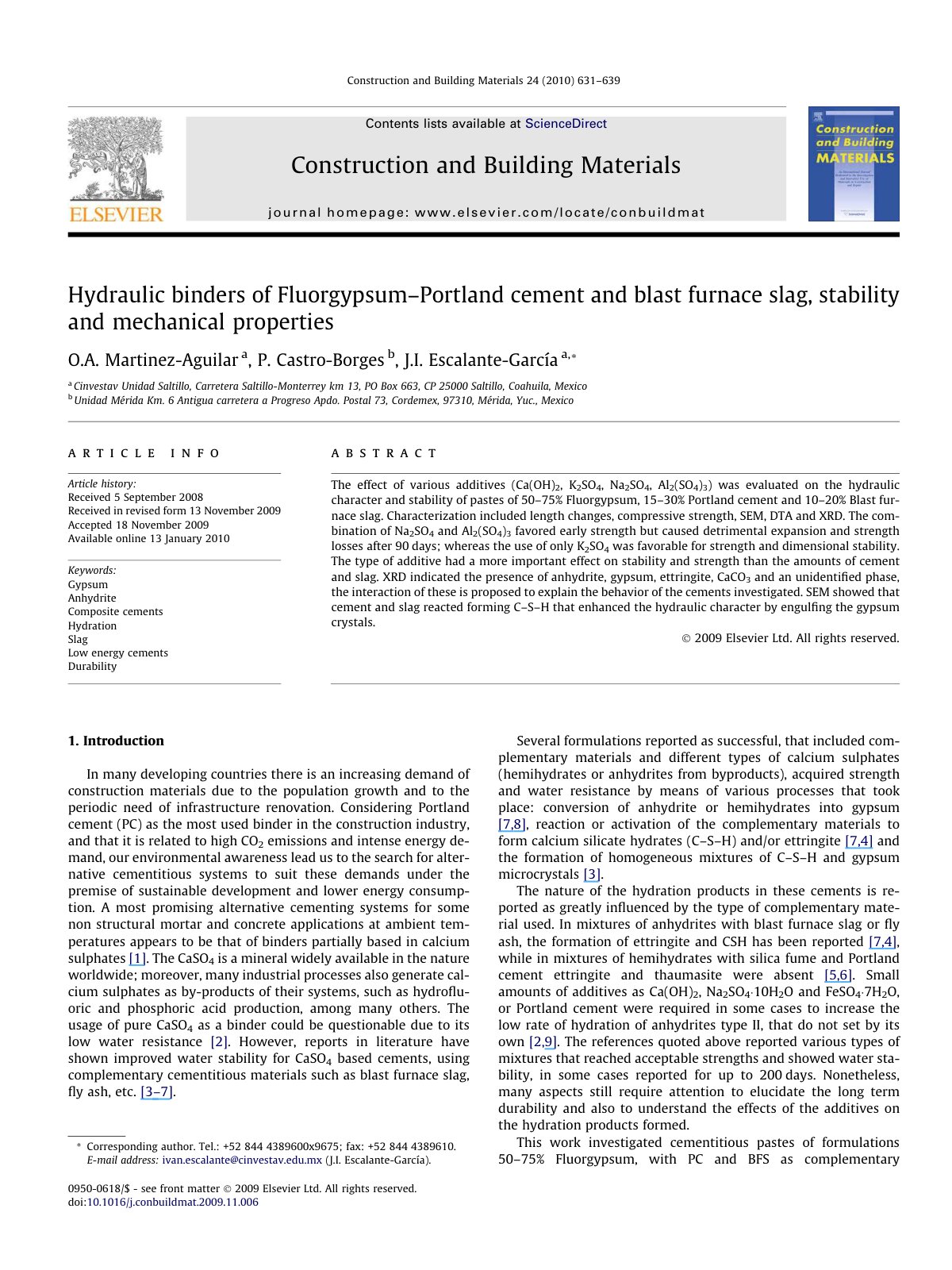 First page of Hydraulic binders of Fluorgypsum–Portland cement and blast furnace slag, stability and mechanical properties