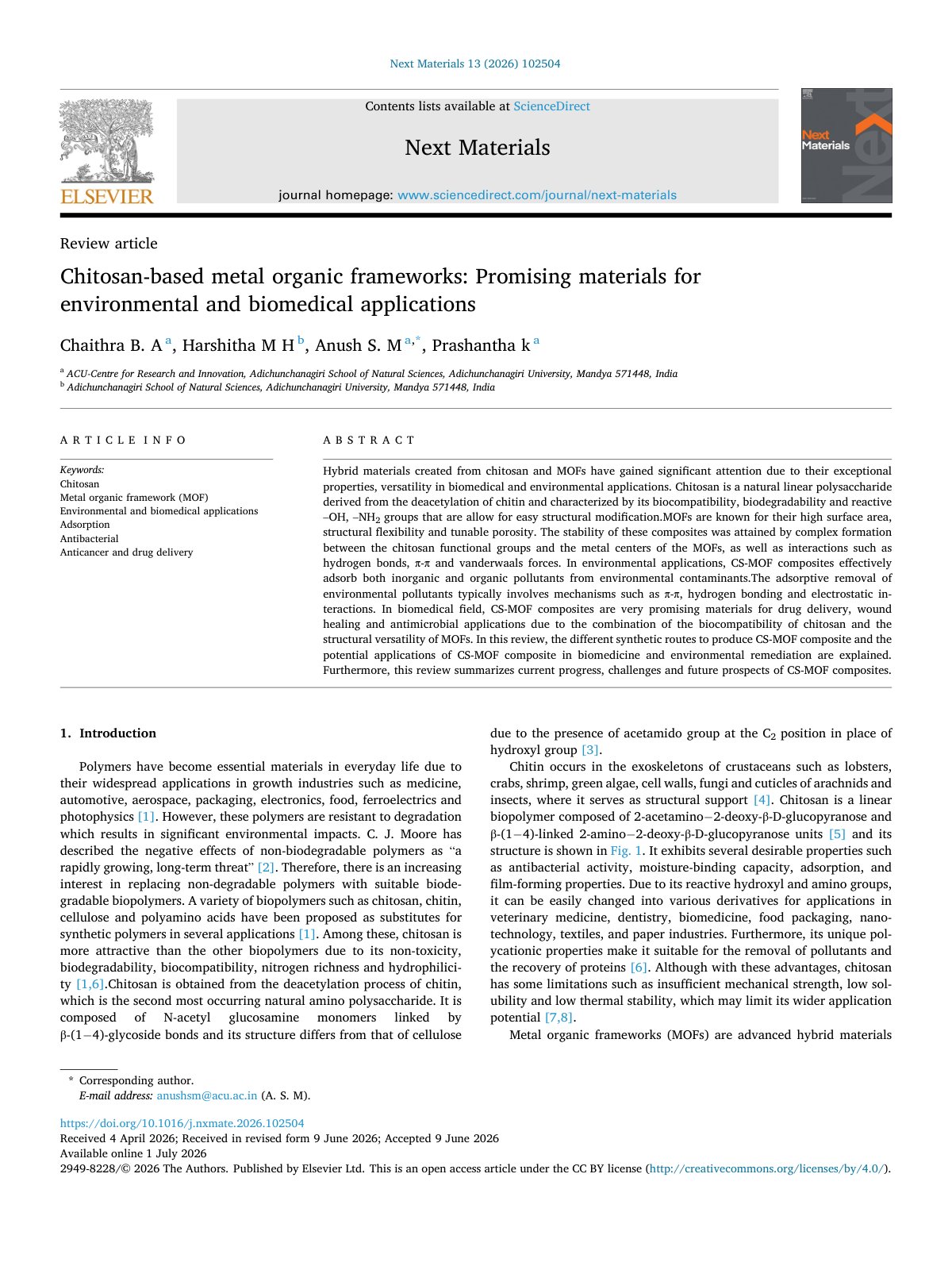 First page of Chitosan based metal organic frameworks  Promising materials f 2026 Next Mat