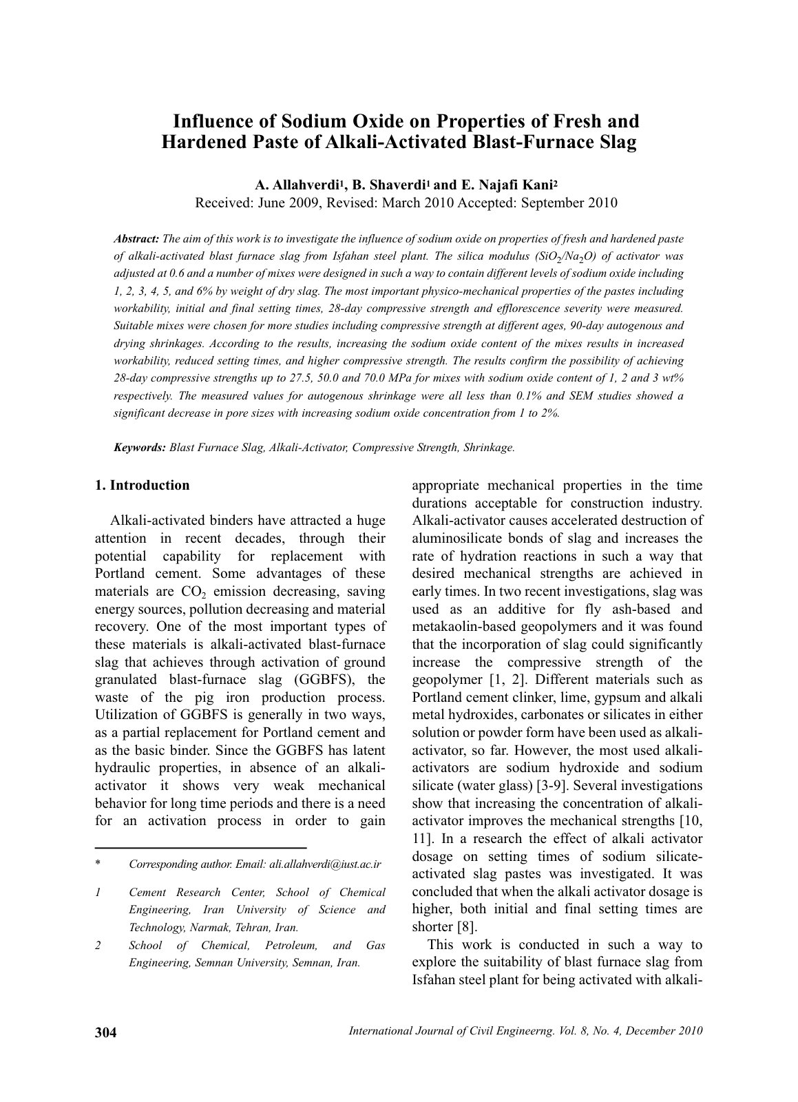 First page of Influence of Sodium Oxide on Properties of Fresh and Hardened Paste of Alkali-Activated Blast-Furnace Slag