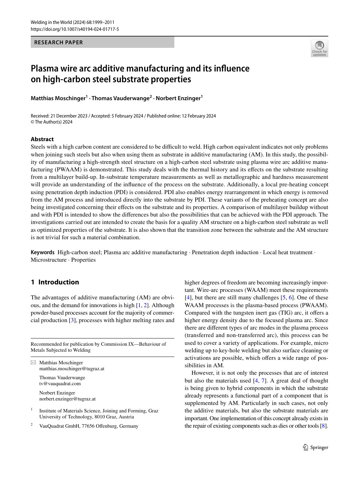 First page of Plasma wire arc additive manufacturing a