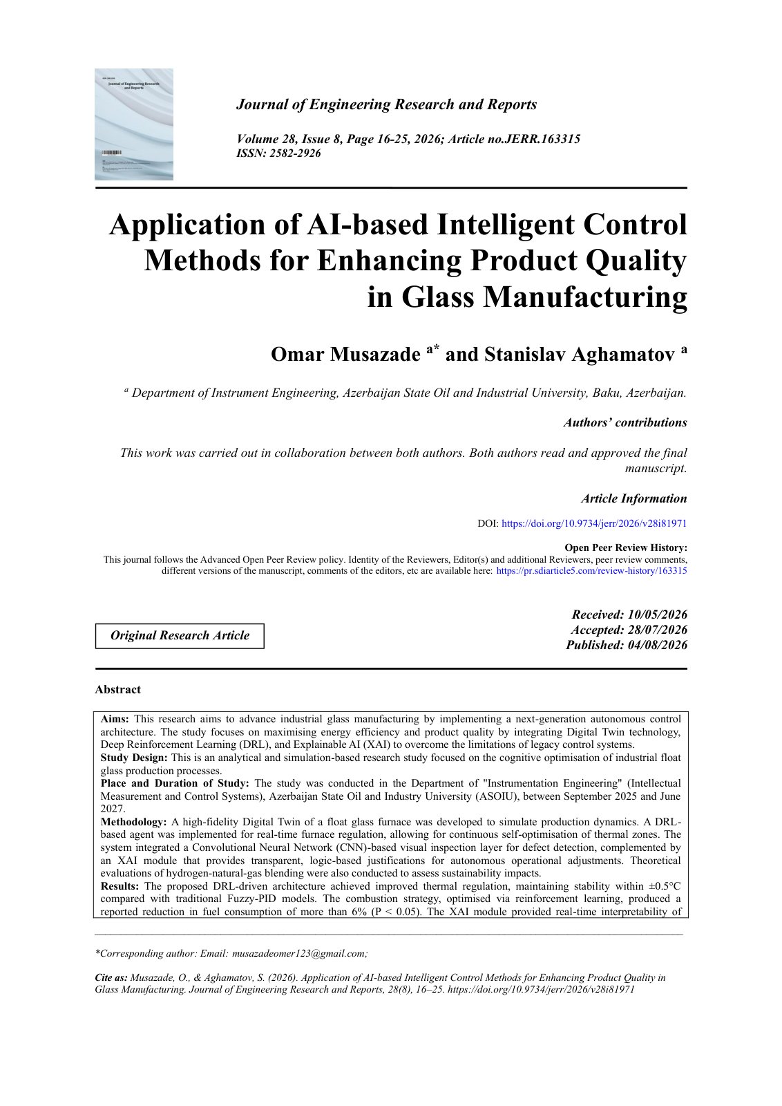 First page of Application of AI-based Intelligent Control Methods for Enhancing Product Quality in Glass Manufacturing