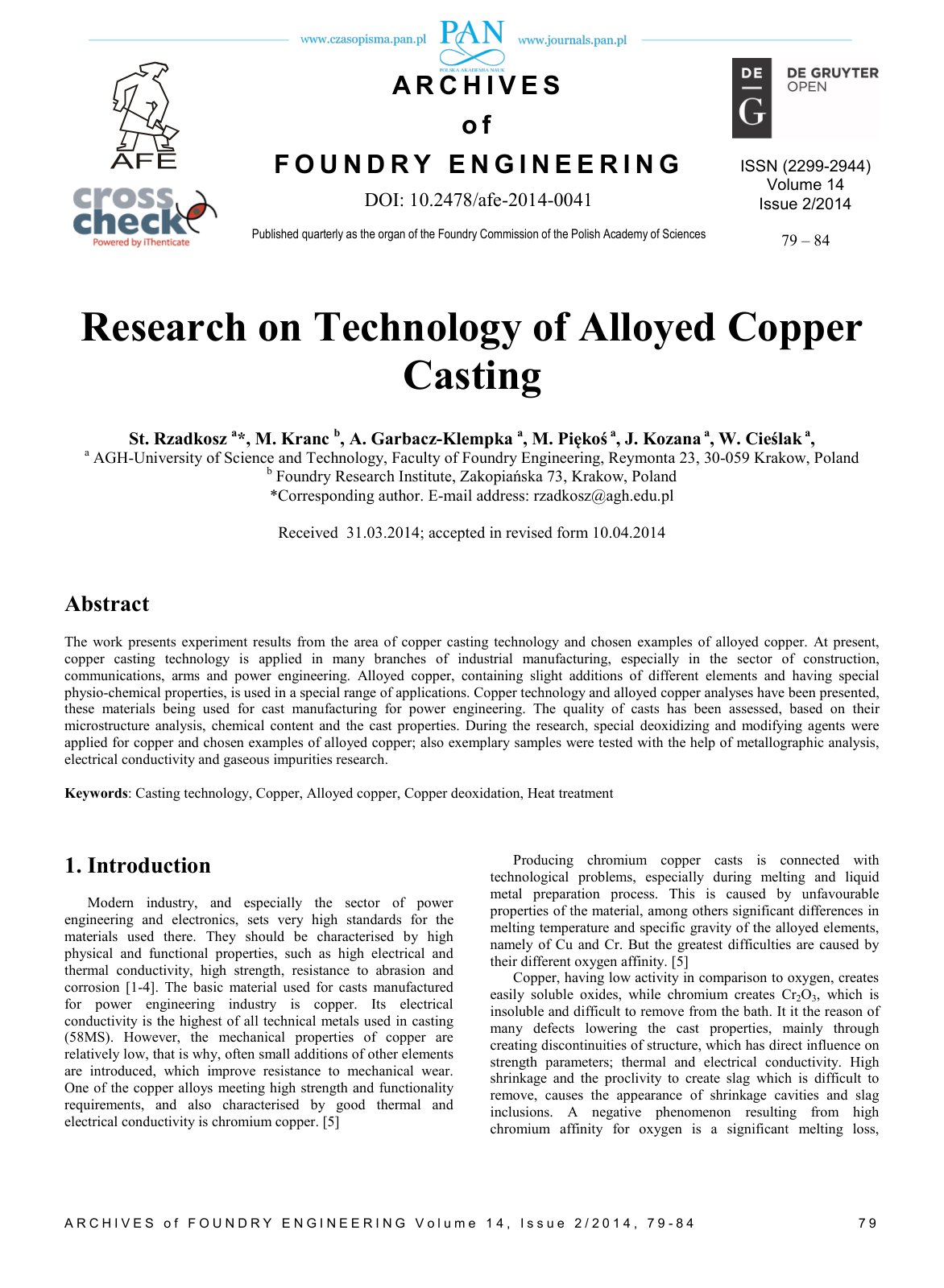 First page of Research on Technology of Alloyed Copper