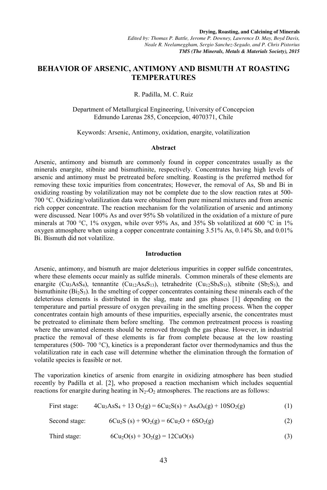First page of BEHAVIOR OF ARSENIC, ANTIMONY AND BISMUTH AT ROASTING TEMPERATURES