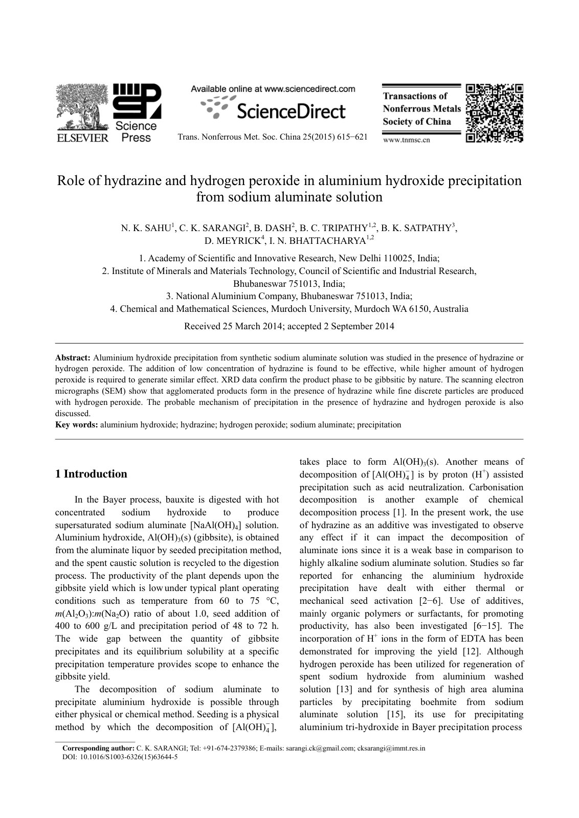 First page of Role of hydrazine and hydrogen peroxide