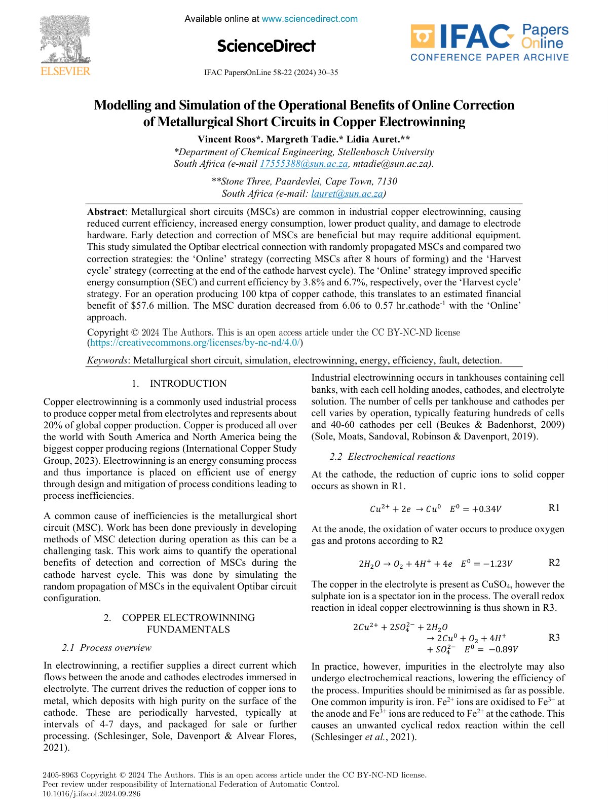 First page of Copper electrowinning: 2018 global survey of tankhouse operating practice and performance