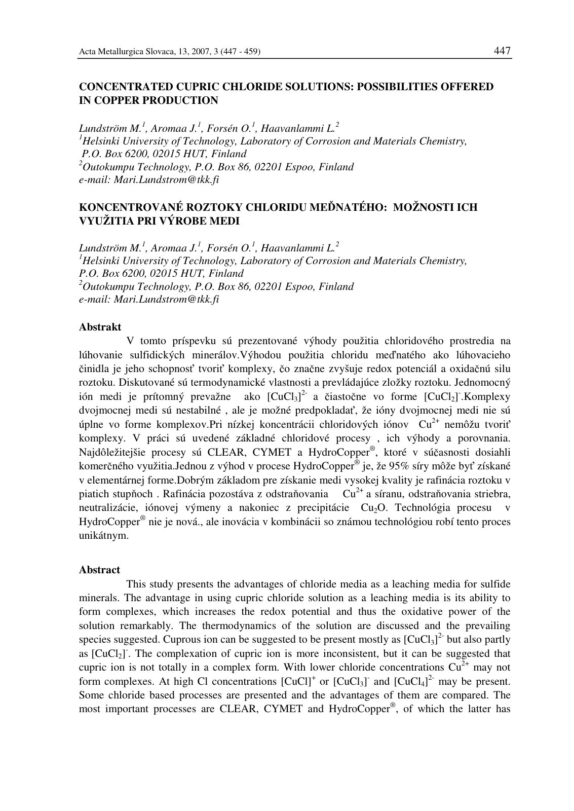 First page of CONCENTRATED CUPRIC CHLORIDE SOLUTIONS: POSSIBILITIES OFFERED IN COPPER PRODUCTION