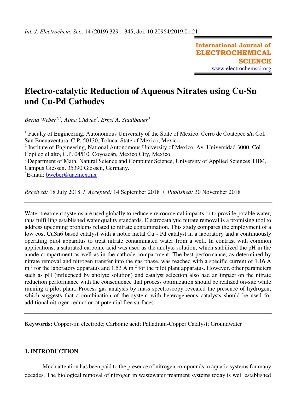 First page of Electro-catalytic Reduction of Aqueous Nitrates using Cu-Sn and Cu-Pd Cathodes