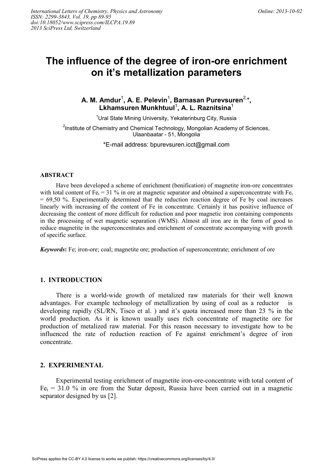 First page of The influence of the degree of iron-ore enrichment on it’s metallization parameters