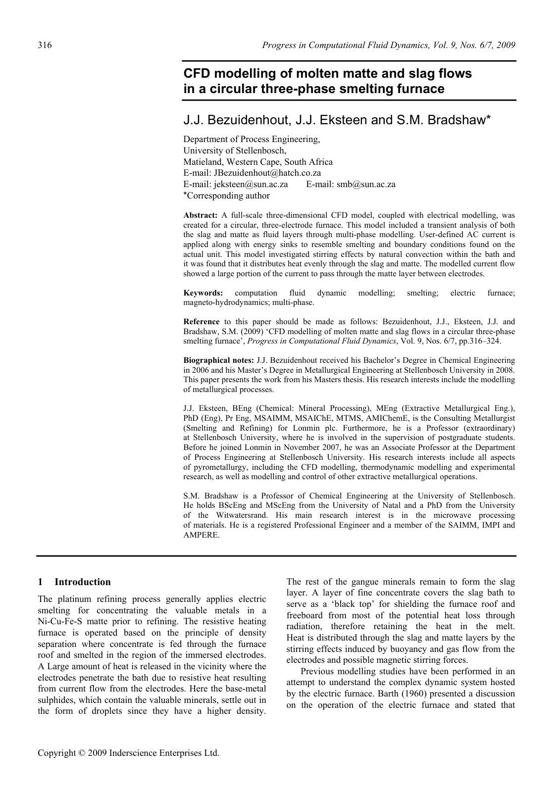 First page of CFD modelling of molten matte and slag flows in a circular three-phase smelting furnace