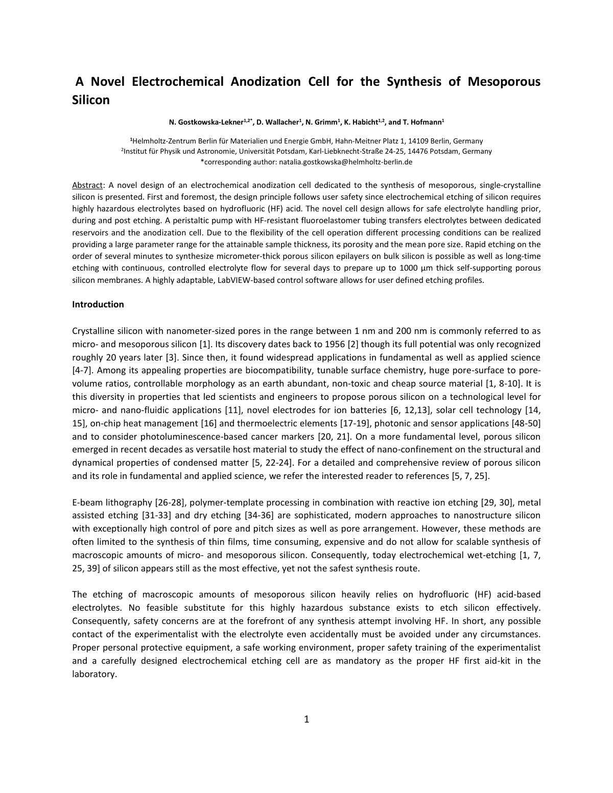 First page of A novel electrochemical anodization cell