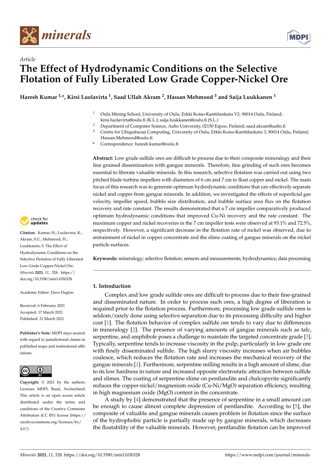 First page of The Effect of Hydrodynamic Conditions on the Selective Flotation of Fully Liberated Low Grade Copper-Nickel Ore