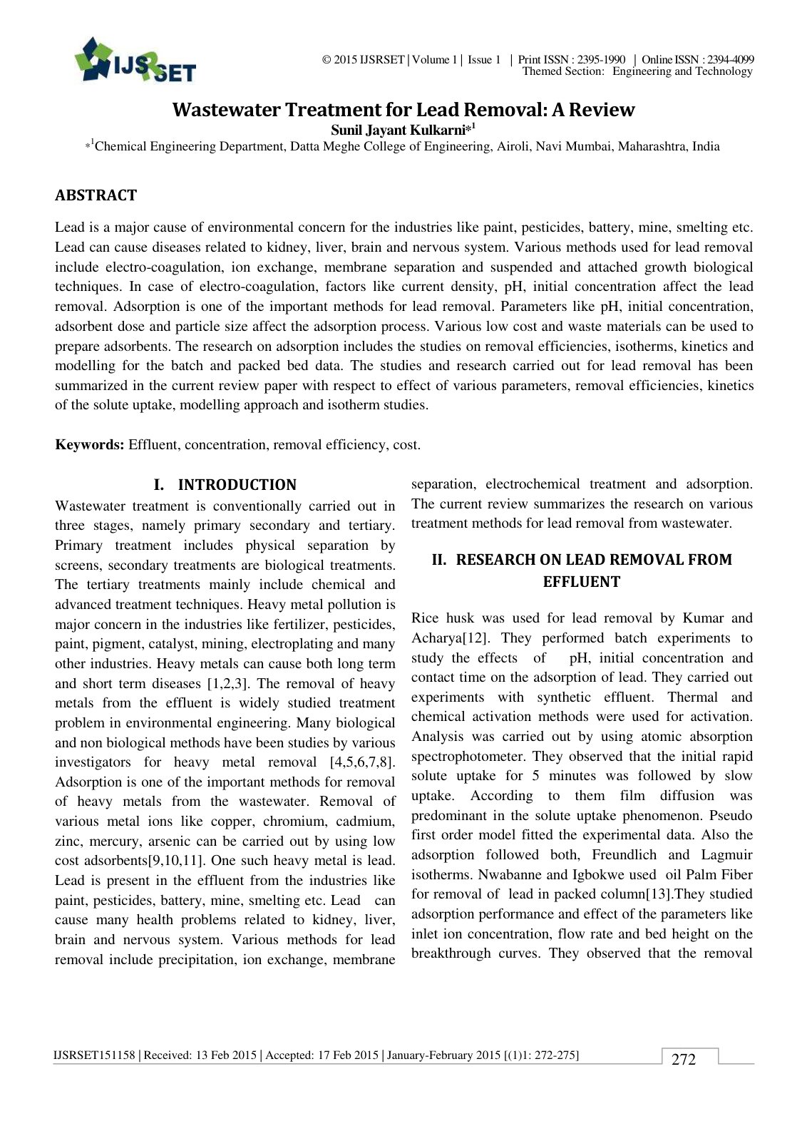 First page of Wastewater Treatment for Lead Removal A