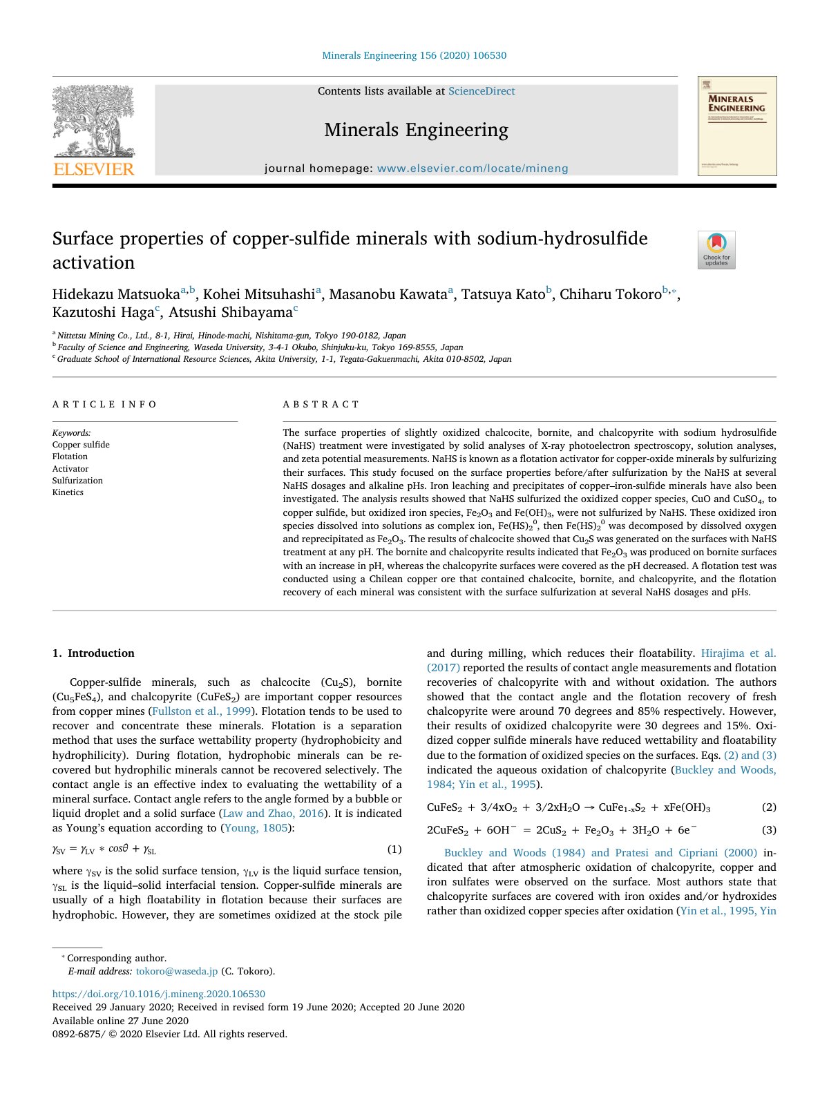 First page of Surface properties of copper sulfide minerals with sodium 2020 Minerals Engi