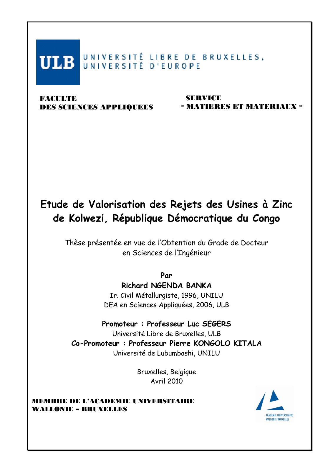 First page of Etude de Valorisation des Rejets des Usines à Zinc de Kolwezi, République Démocratique du Congo