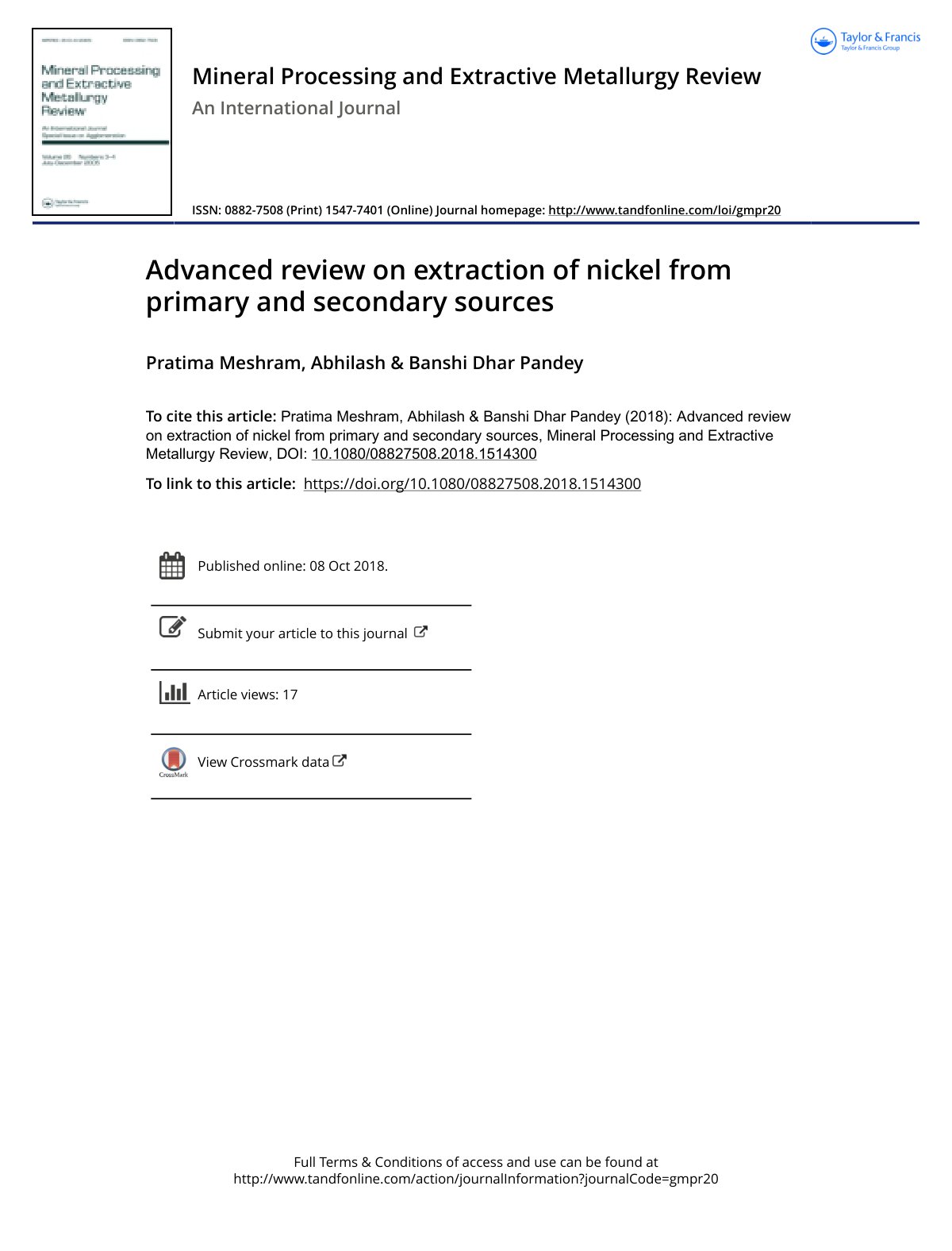 First page of Advanced Review on Extraction of Nickel