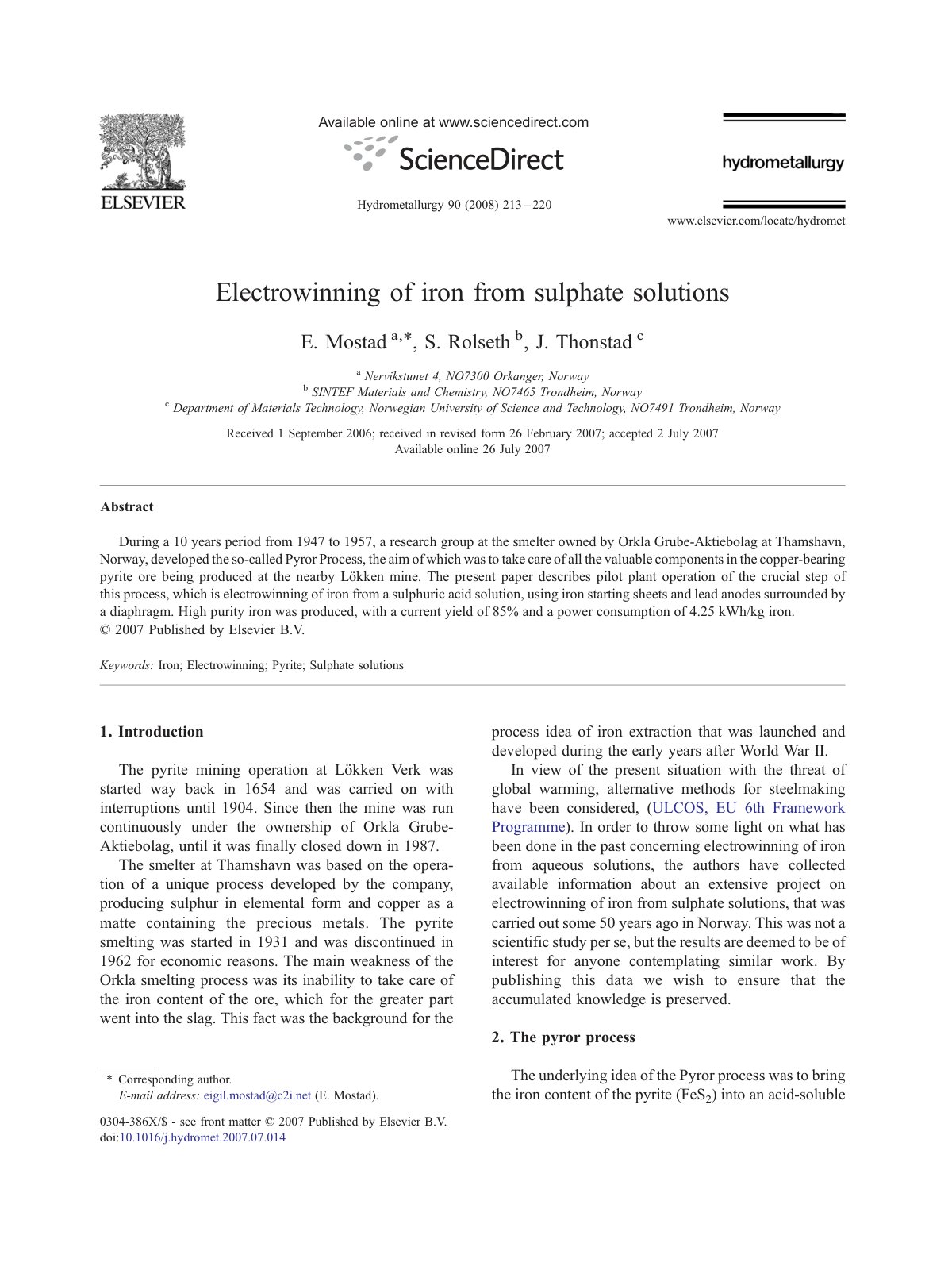 First page of Electrowinning of iron from sulphate sol