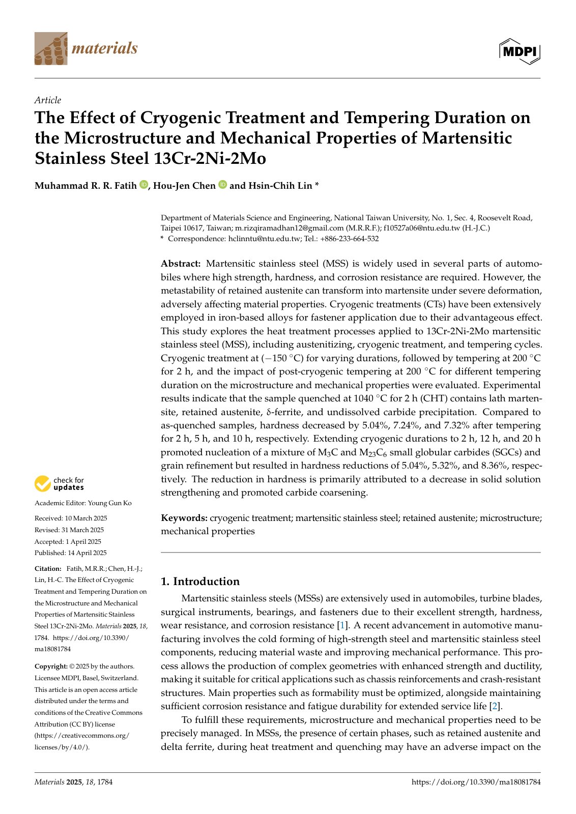 First page of The Effect of Cryogenic Treatment and Tempering Duration on the Microstructure and Mechanical Properties of Martensitic Stainless Steel 13Cr-2Ni-2Mo