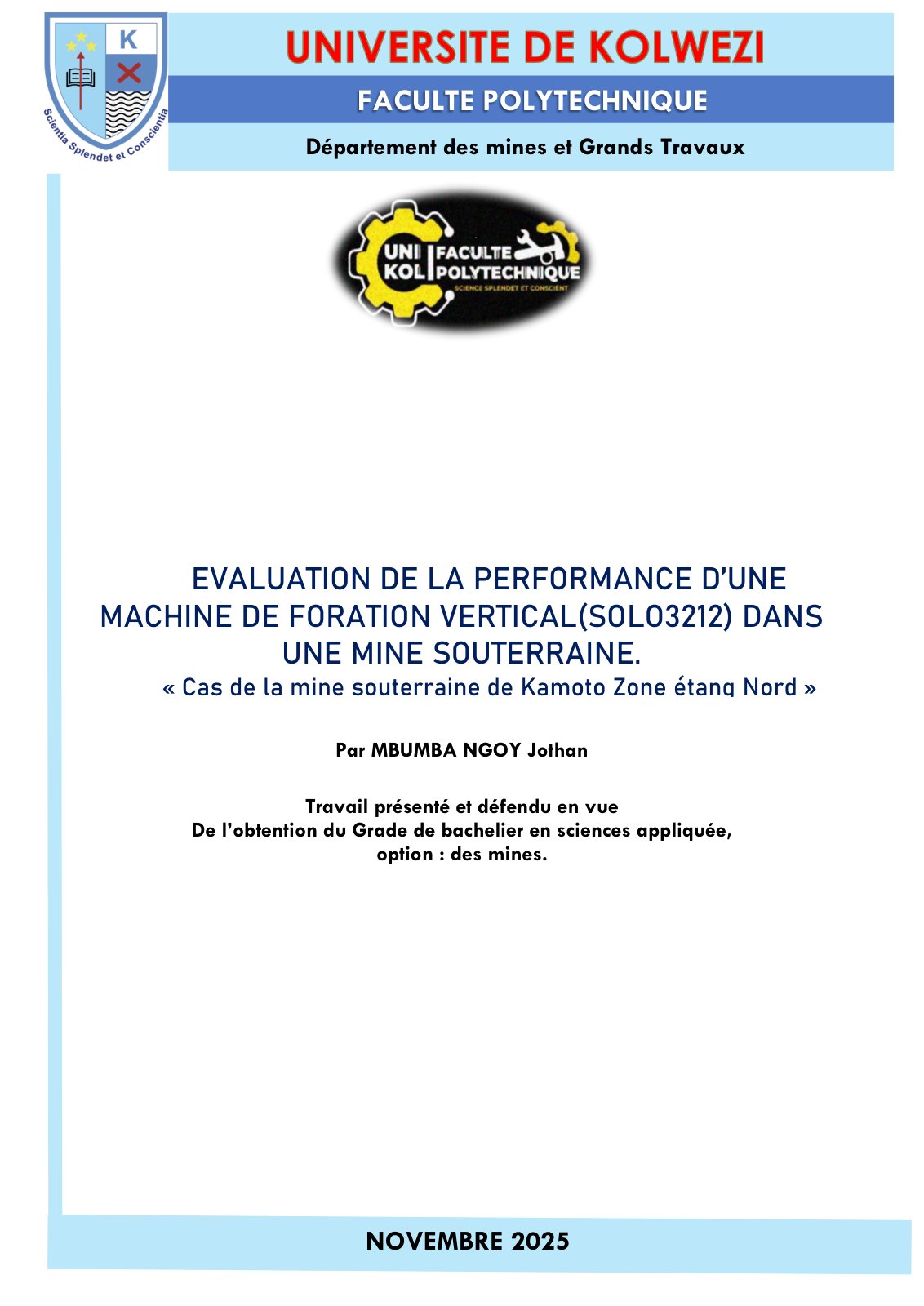 First page of Travail de fin de cycle, de Jothan MBUMBA NGOY, Bac3 mines polytechnique UNIKOL