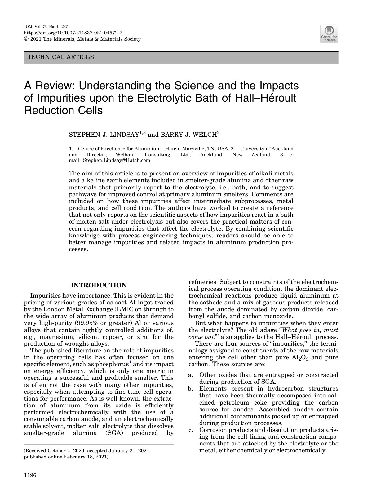 First page of A Review: Understanding the Science and the Impacts of Impurities upon the Electrolytic Bath of Hall–He ´roult Reduction Cells