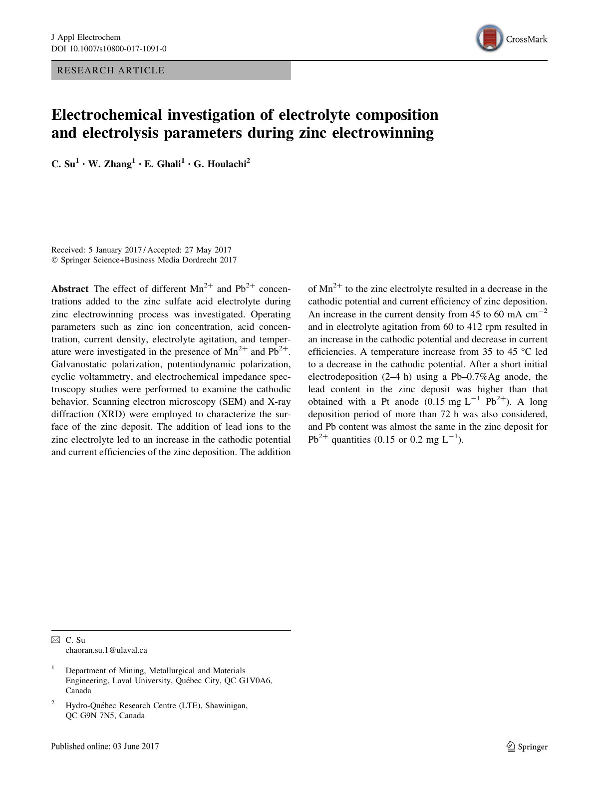 First page of Electrochemical investigation of electro