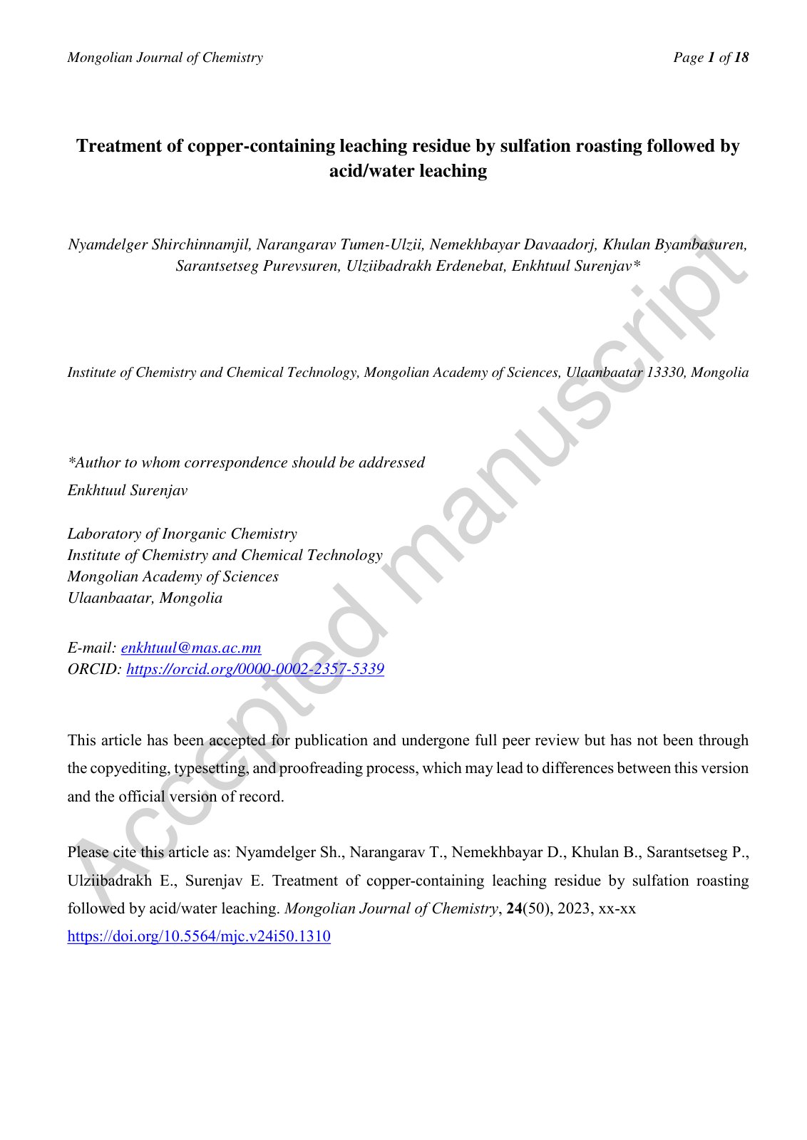 First page of Treatment of copper containing leaching
