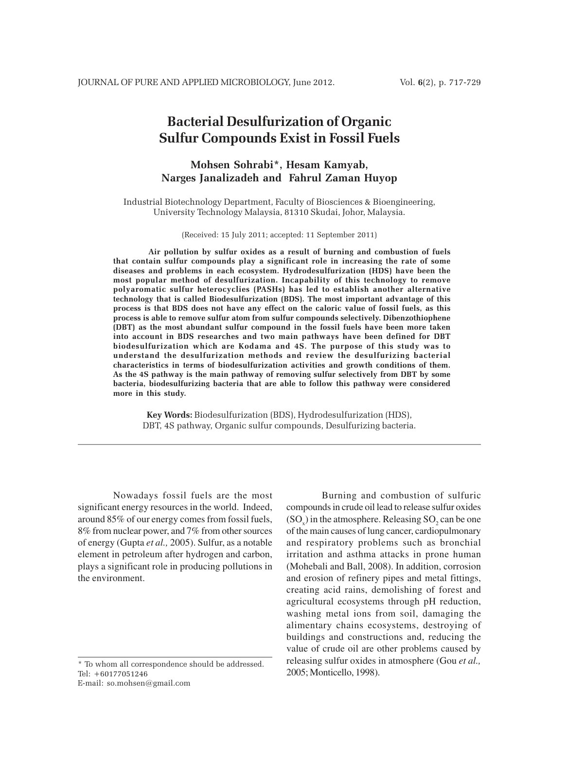First page of Bacterial Desulfurization of Organic Sul