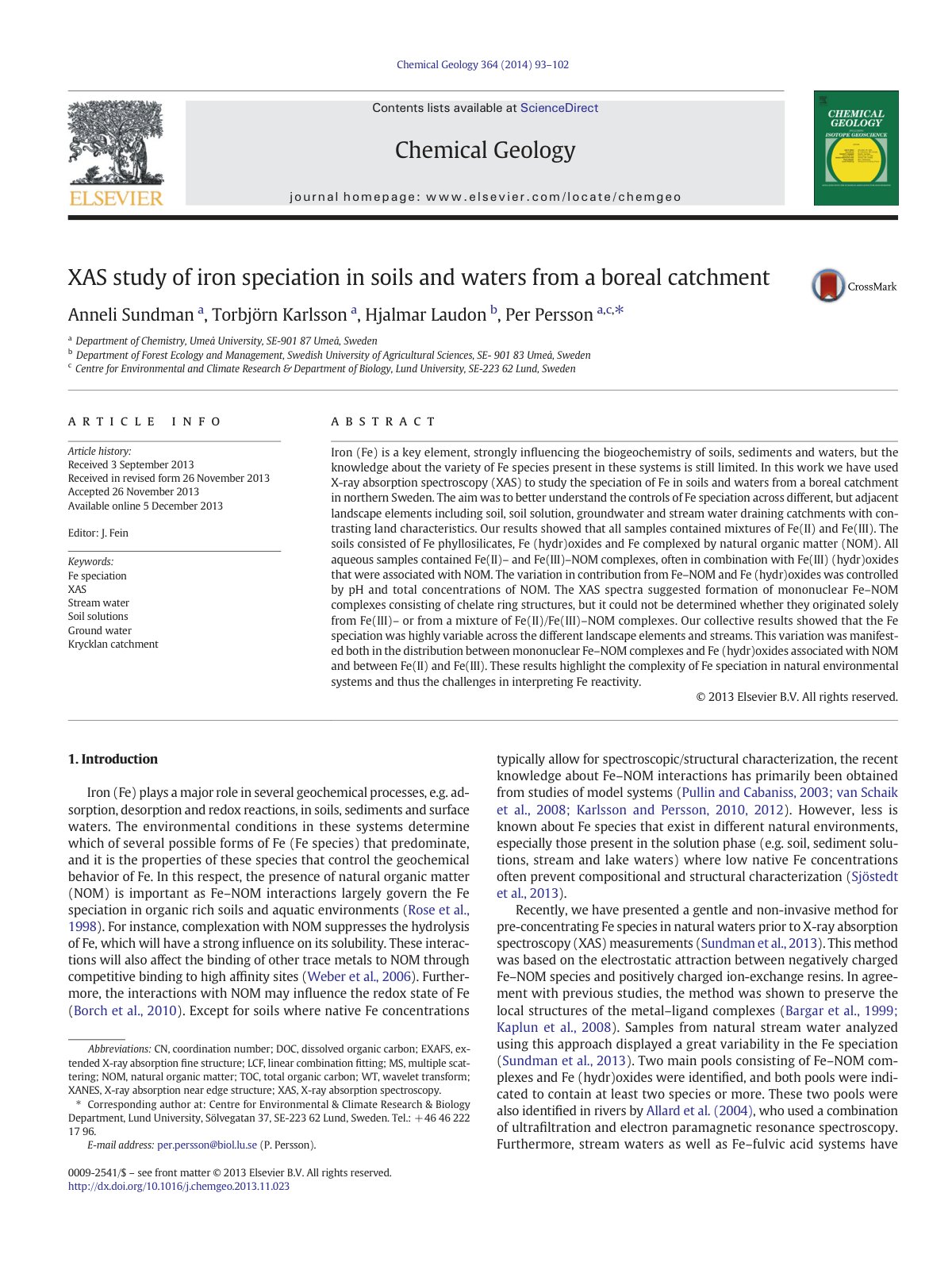 First page of XAS study of iron speciation in soils and waters from a boreal catchment