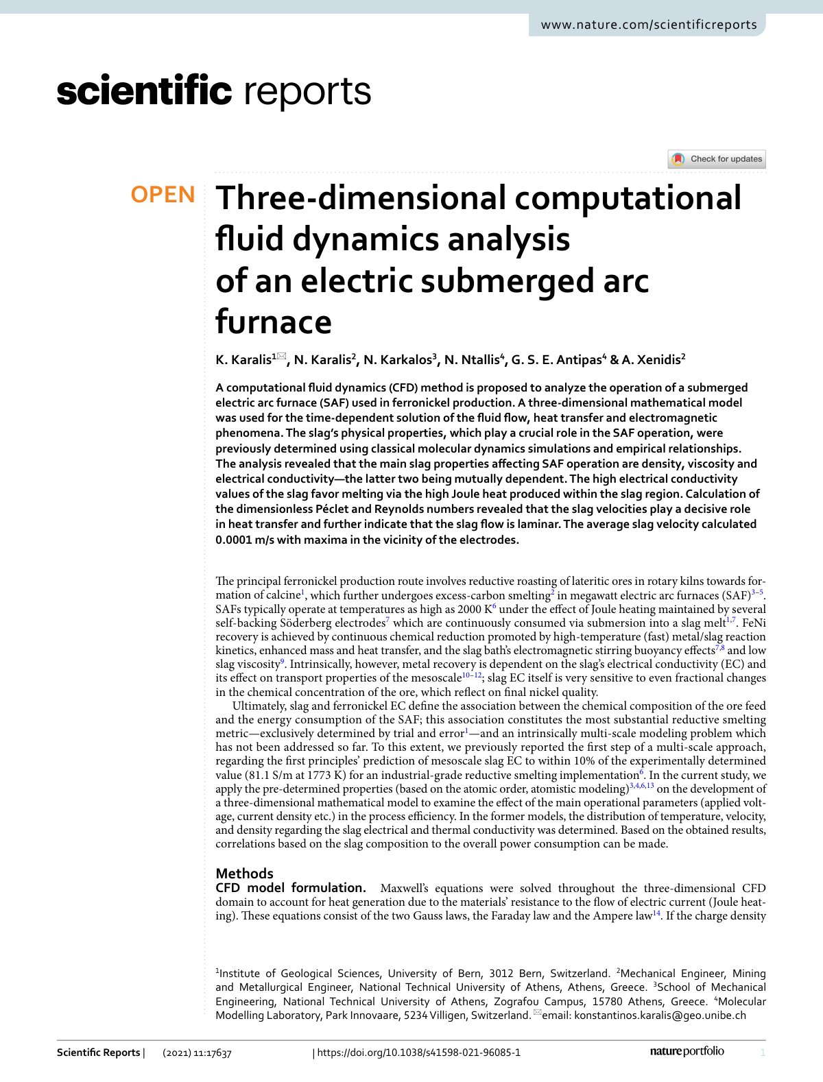 First page of Three‑dimensional computational fluid dynamics analysis of an electric submerged arc furnace