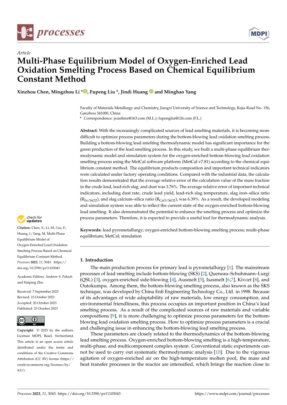 First page of Multi-Phase Equilibrium Model of Oxygen-Enriched Lead Oxidation Smelting Process Based on Chemical Equilibrium Constant Method