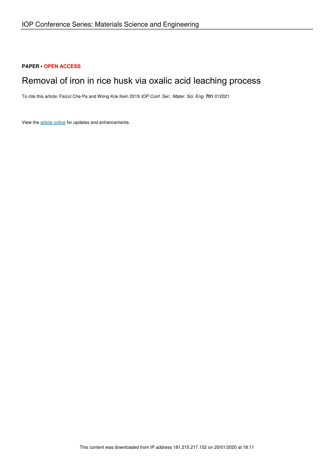 First page of Removal of iron in rice husk via oxalic