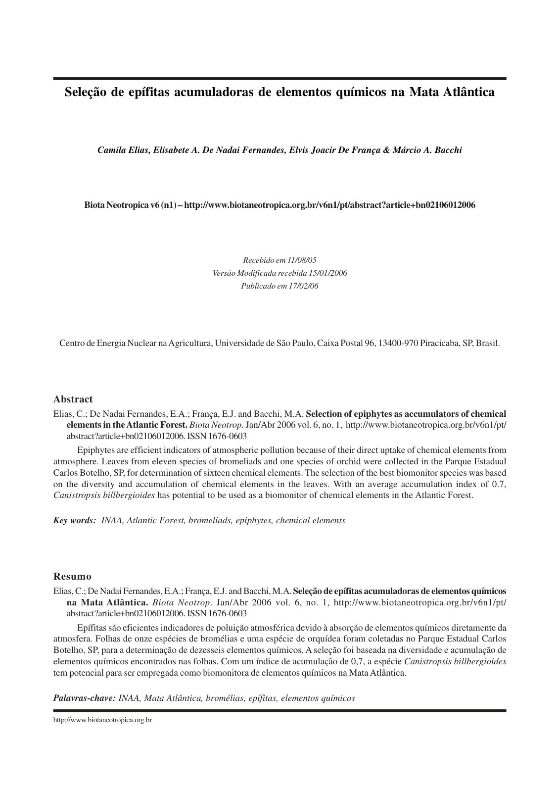 First page of Seleção de epífitas acumuladoras de elementos químicos na Mata Atlântica