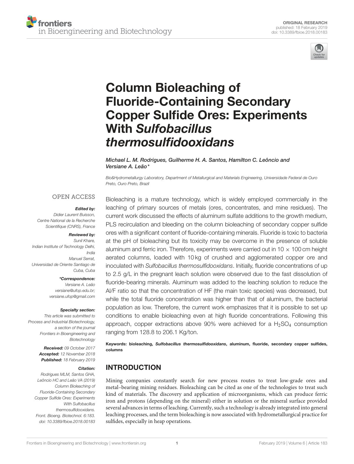 First page of Column Bioleaching of Fluoride Containin