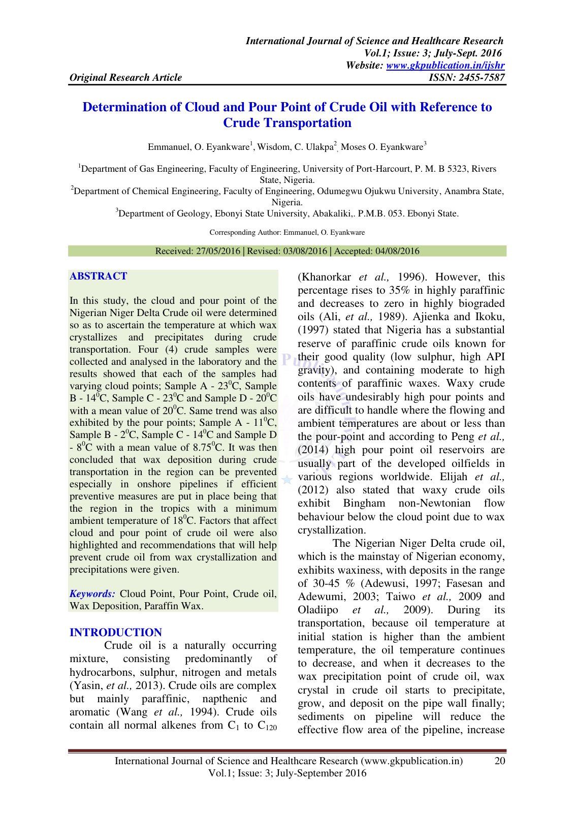 First page of Determination of Cloud and Pour Point of Crude Oil with Reference to Crude Transportation