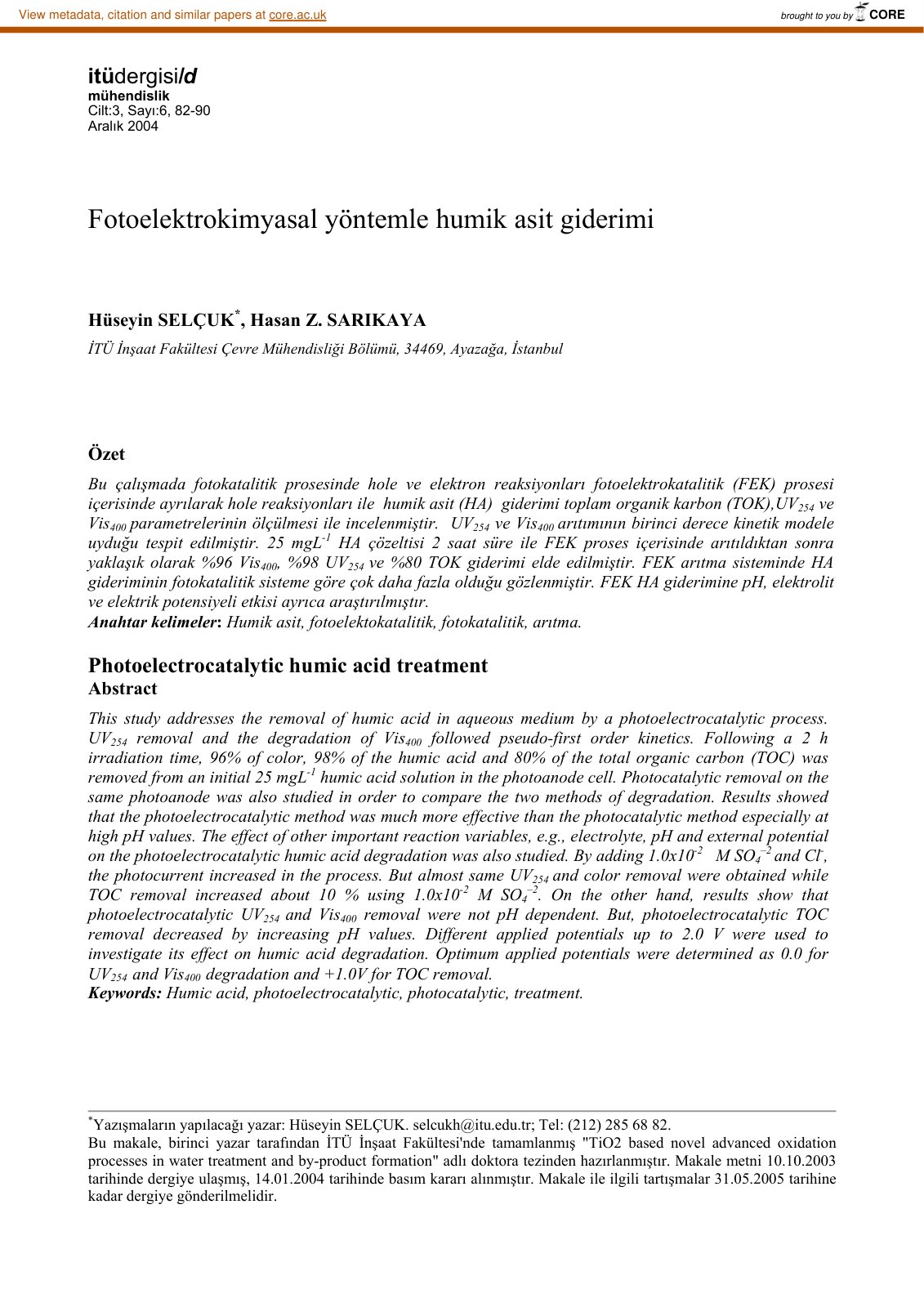 First page of Fotoelektrokimyasal yöntemle humik asit giderimi