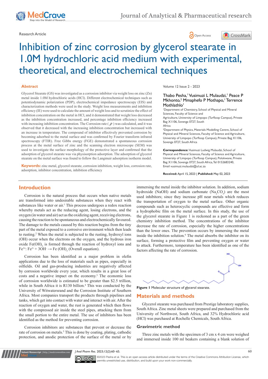 First page of Corrosion inhibition potential of ethanol extract of Bryophyllum pinnatum leaves for zinc in acidic medium