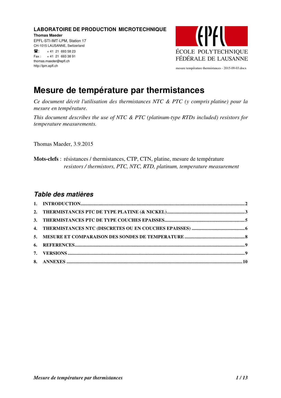 First page of mesure temperature thermistances