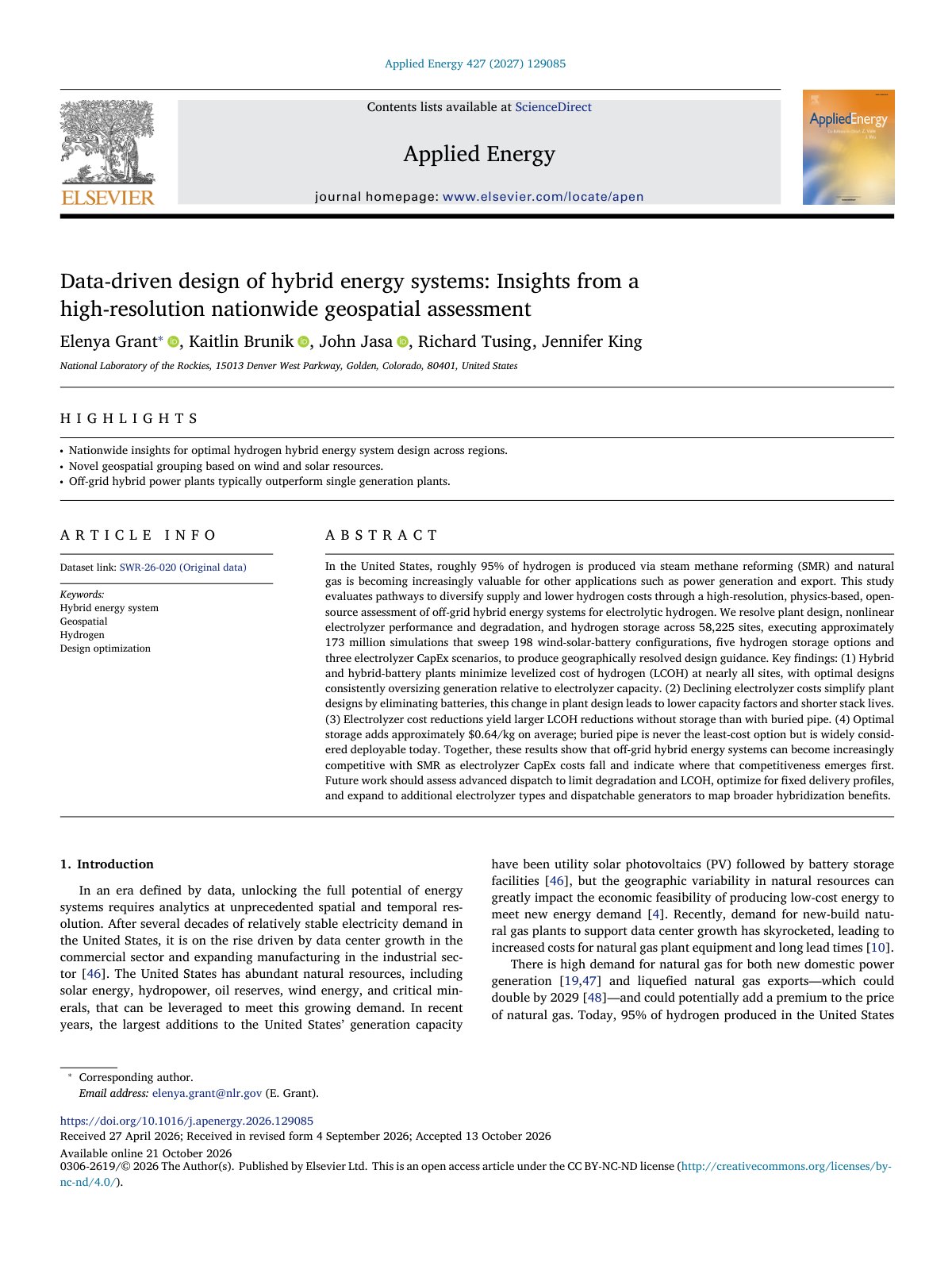 First page of Data driven design of hybrid energy systems  Insights from a hi 2027 Applied