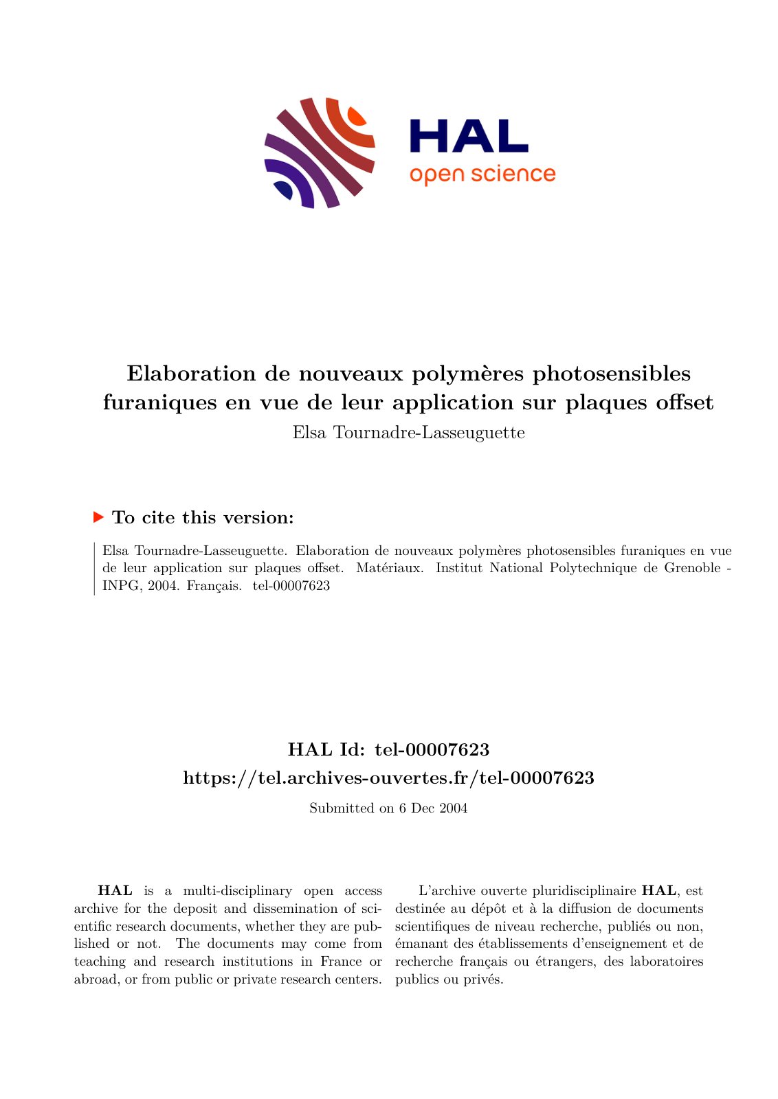 First page of Elaboration de nouveaux polymères photosensibles furaniques en vue de leur application sur plaques offset