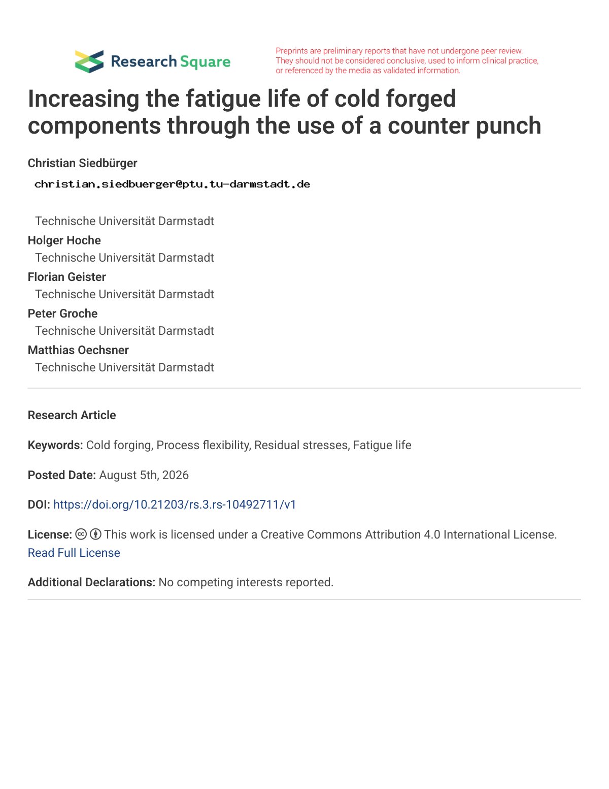 First page of Increasing the fatigue life of cold forged components through the use of a counter punch