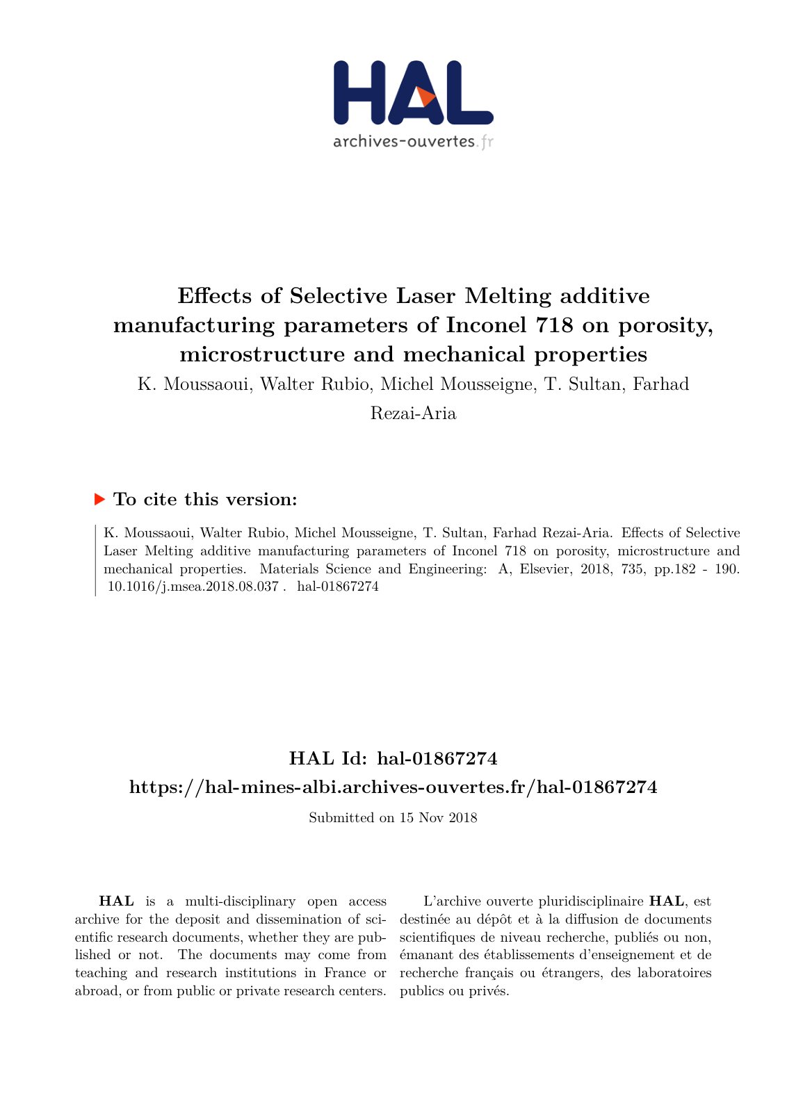 First page of Effects of Selective Laser Melting additive manufacturing parameters of Inconel 718 on porosity, microstructure and mechanical properties