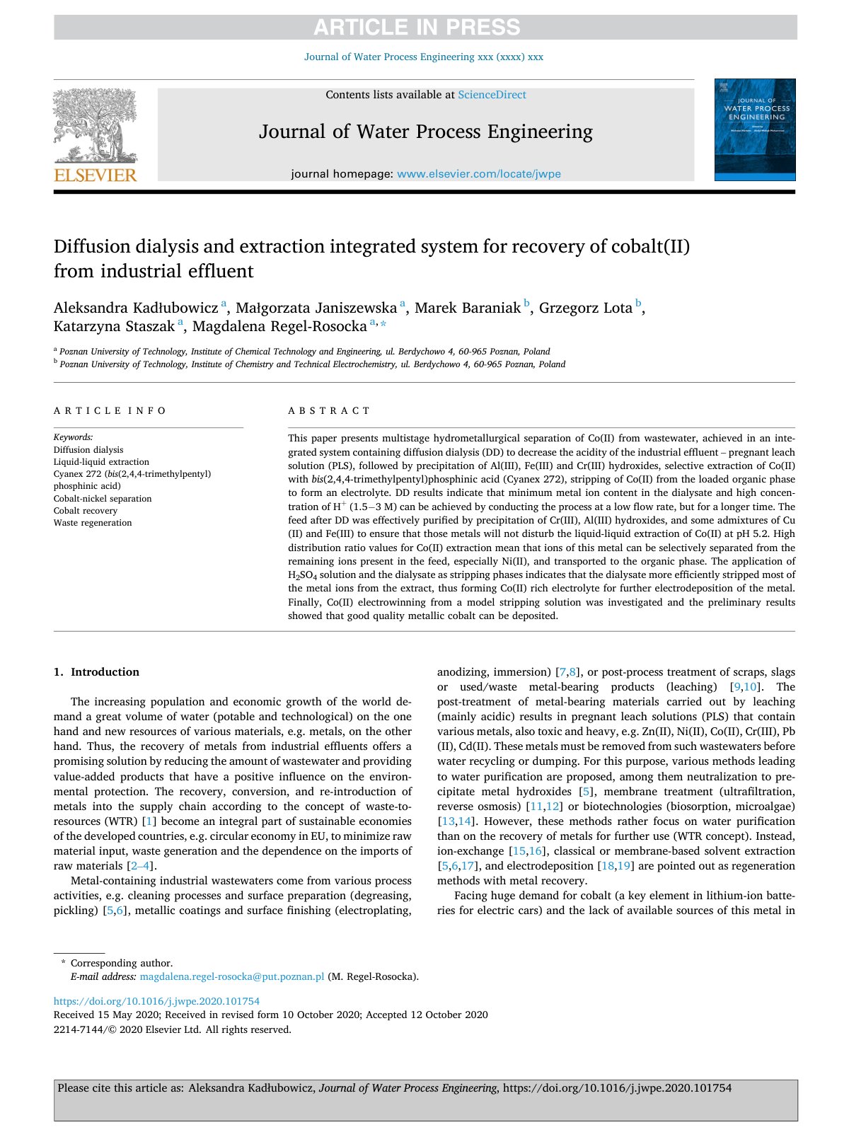First page of Diffusion dialysis and extraction integr