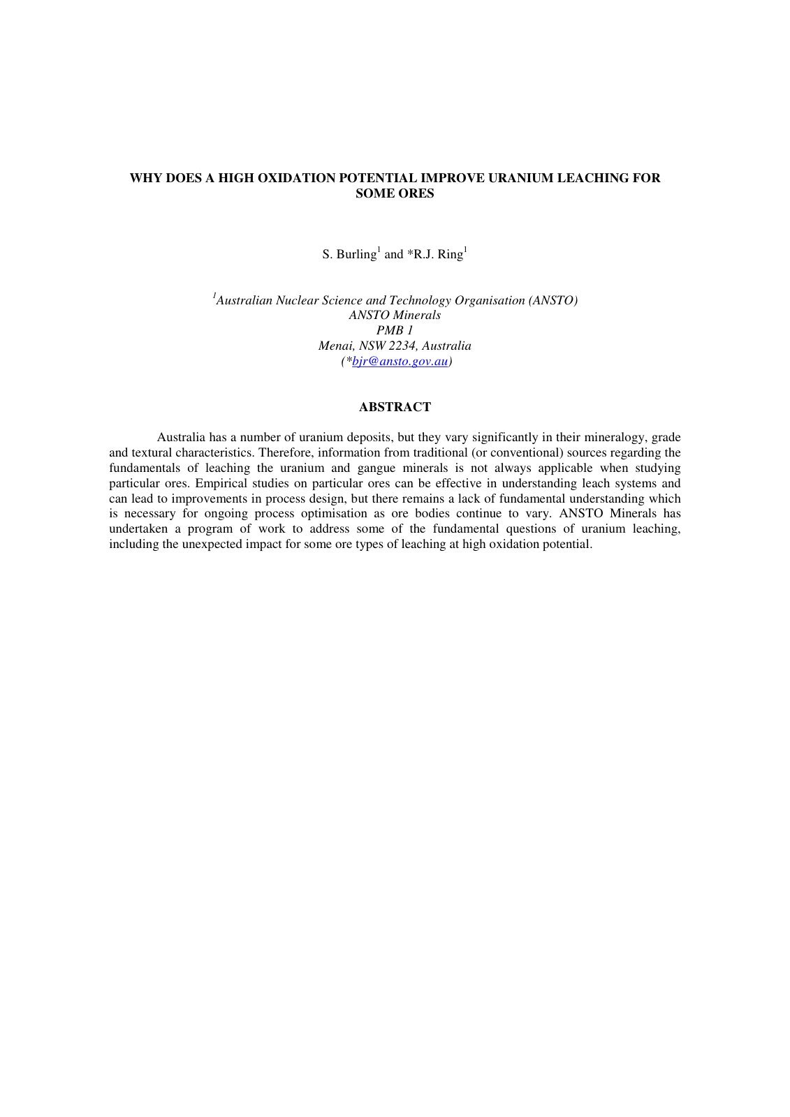 First page of WHY DOES A HIGH OXIDATION POTENTIAL IMPROVE URANIUM LEACHING FOR SOME ORES