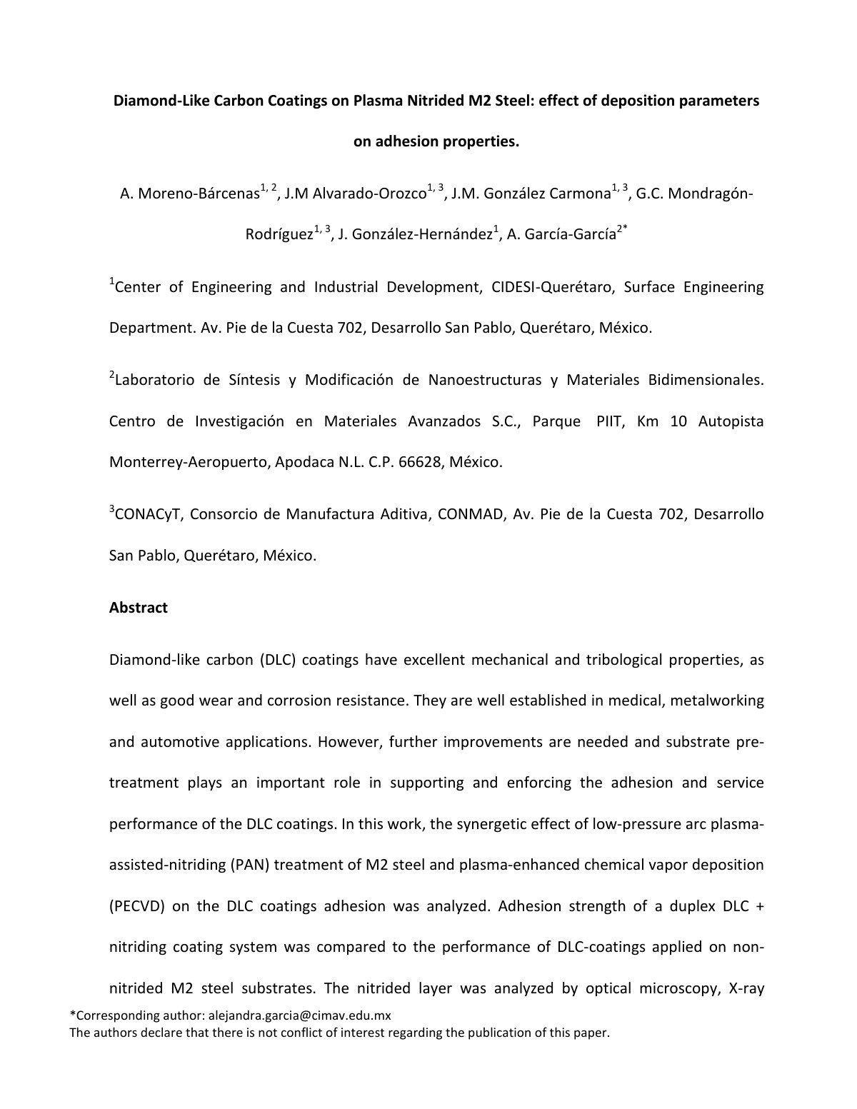 First page of 2018 Moreno Barcenas DLC Coatings Plasma Nitrided M2 Steel