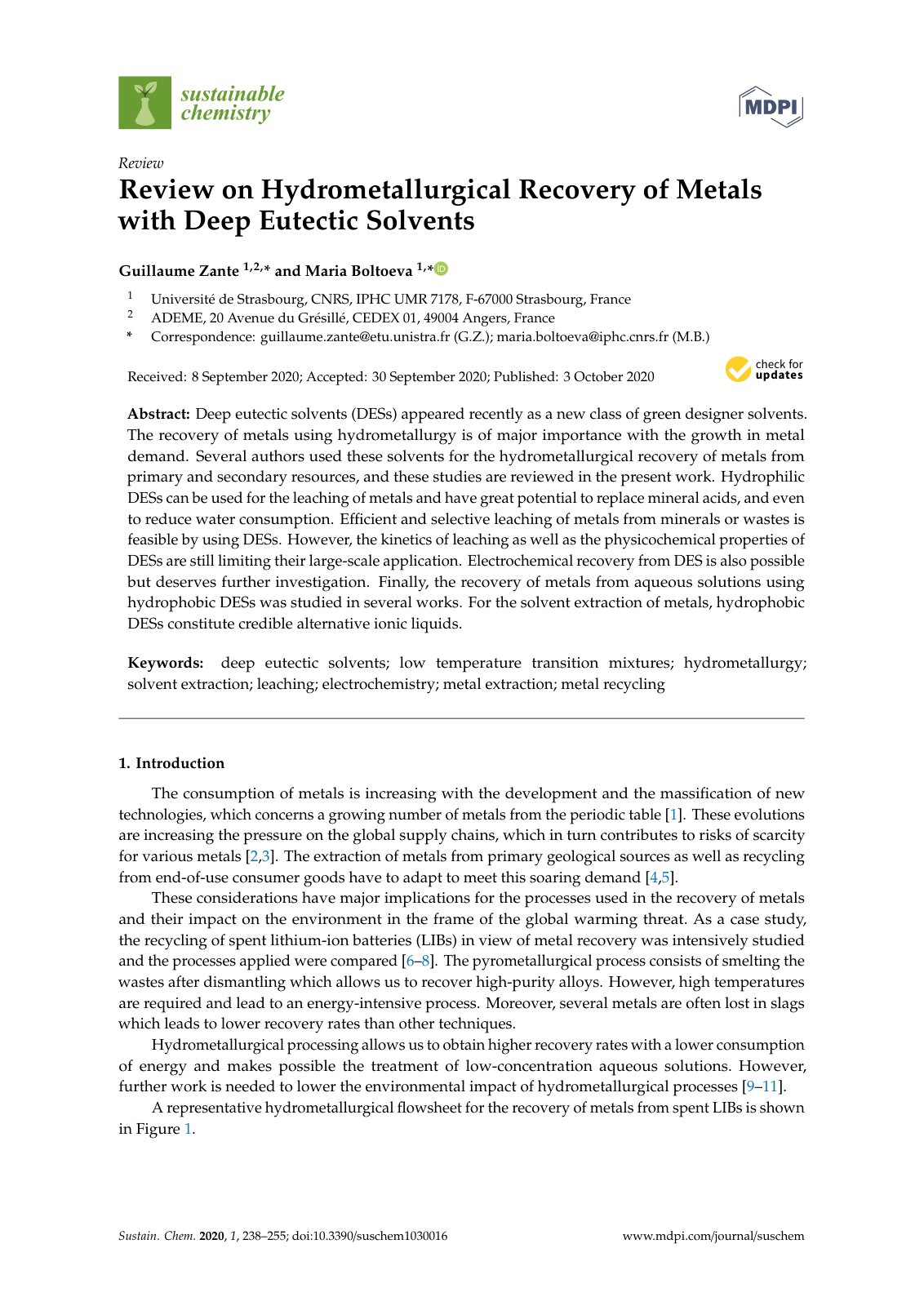 First page of Review on Hydrometallurgical Recovery of Metals with Deep Eutectic Solvents