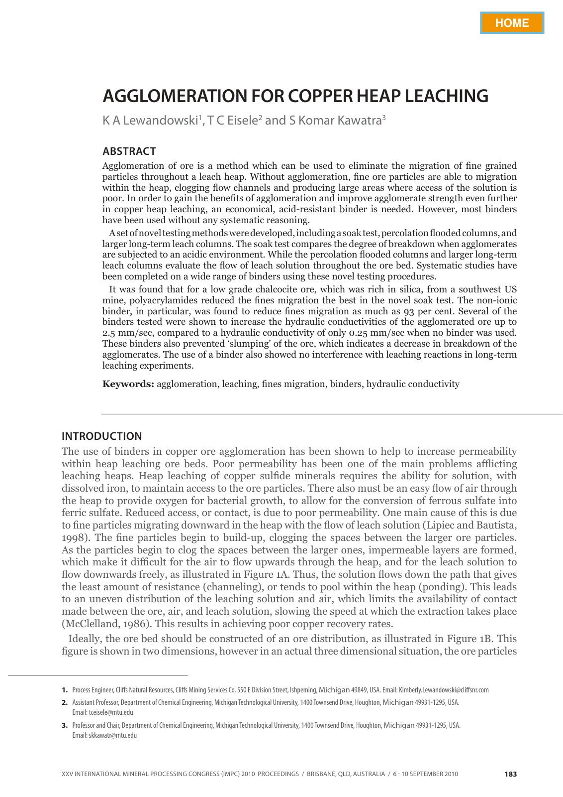 First page of AGGLOMERATION FOR COPPER HEAP LEACHING