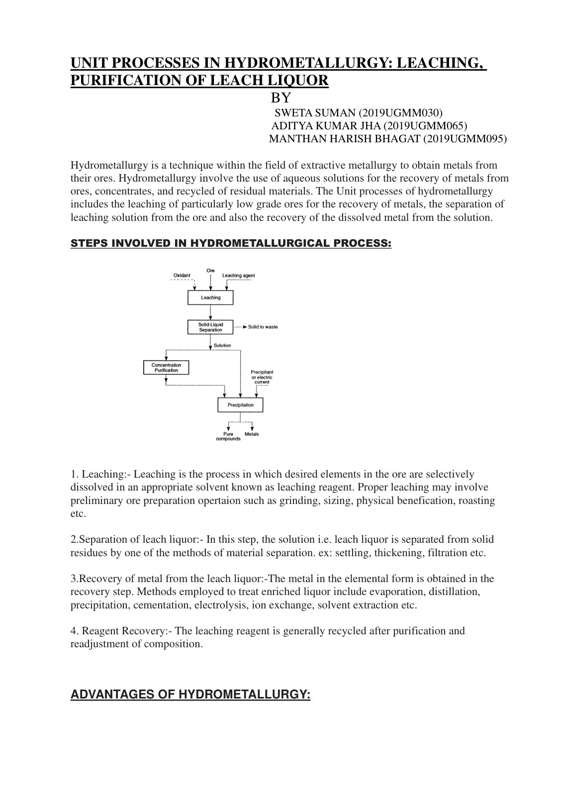 First page of MME09MT 1403 PEMUNIT PROCESSES IN HYDROMETALLURGY LEACHING, PURIFICATION OF LEACH LIQUOR