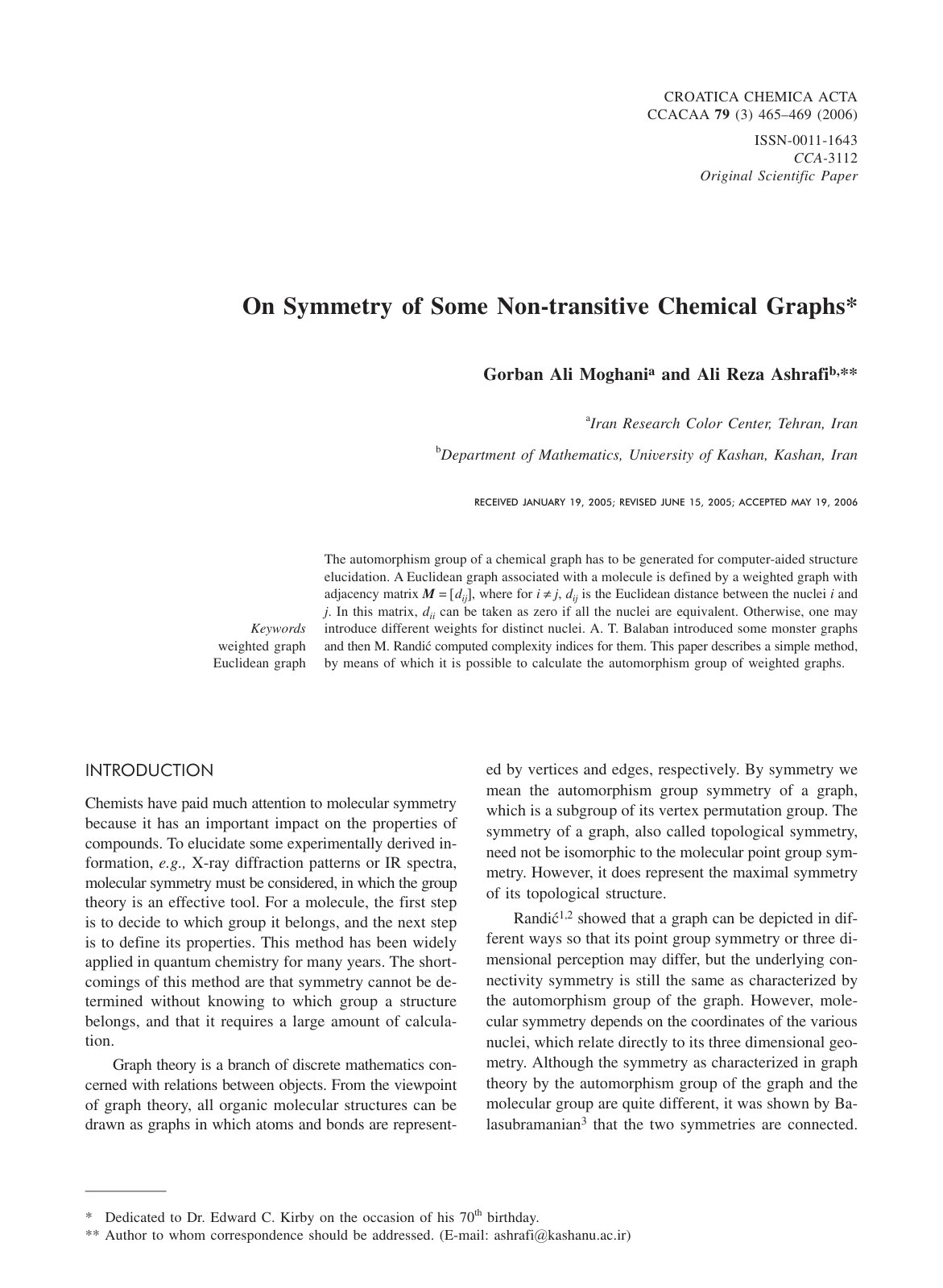 First page of On Symmetry of Some Non-transitive Chemical Graphs