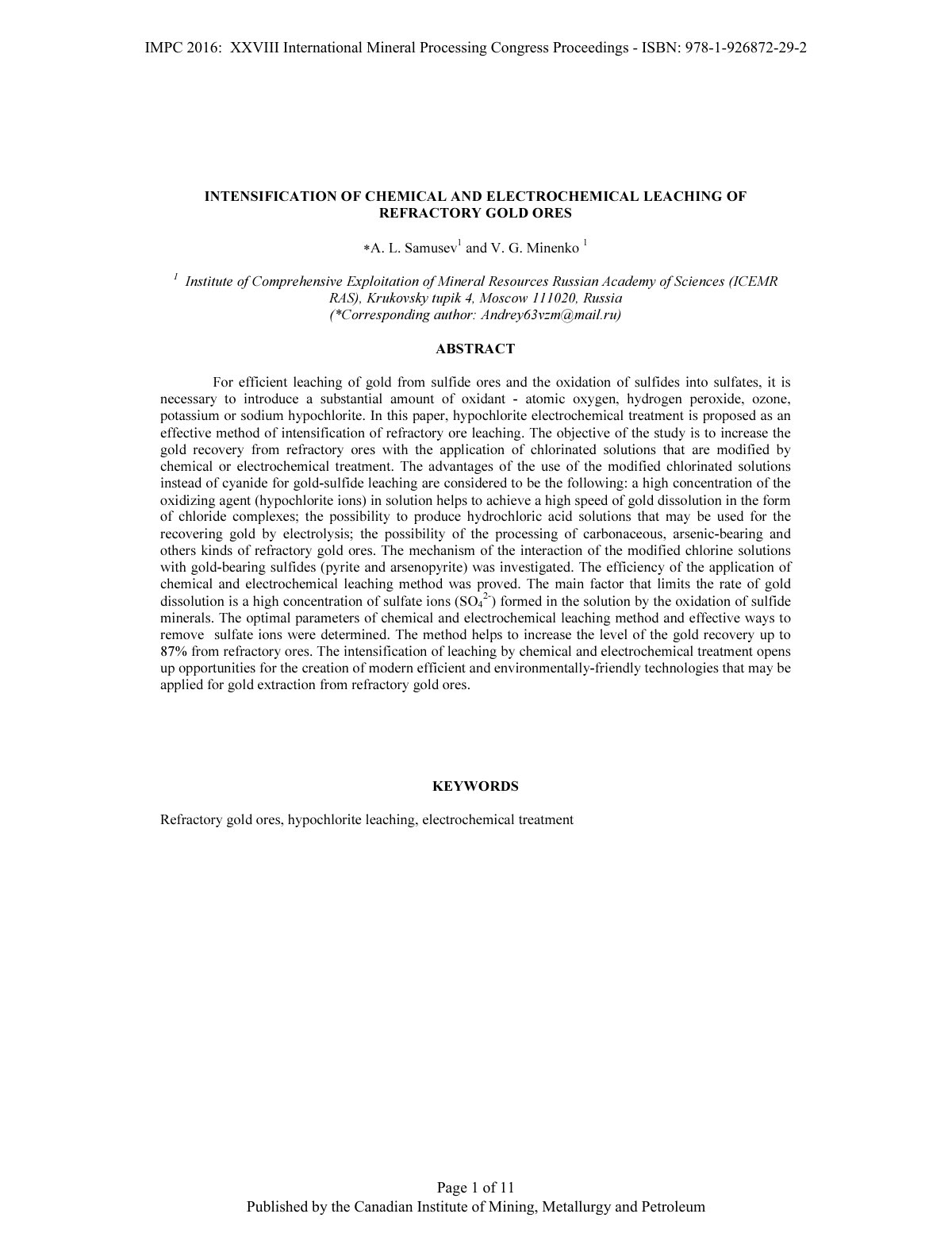 First page of INTENSIFICATION OF CHEMICAL AND ELECTROCHEMICAL LEACHING OF REFRACTORY GOLD ORES