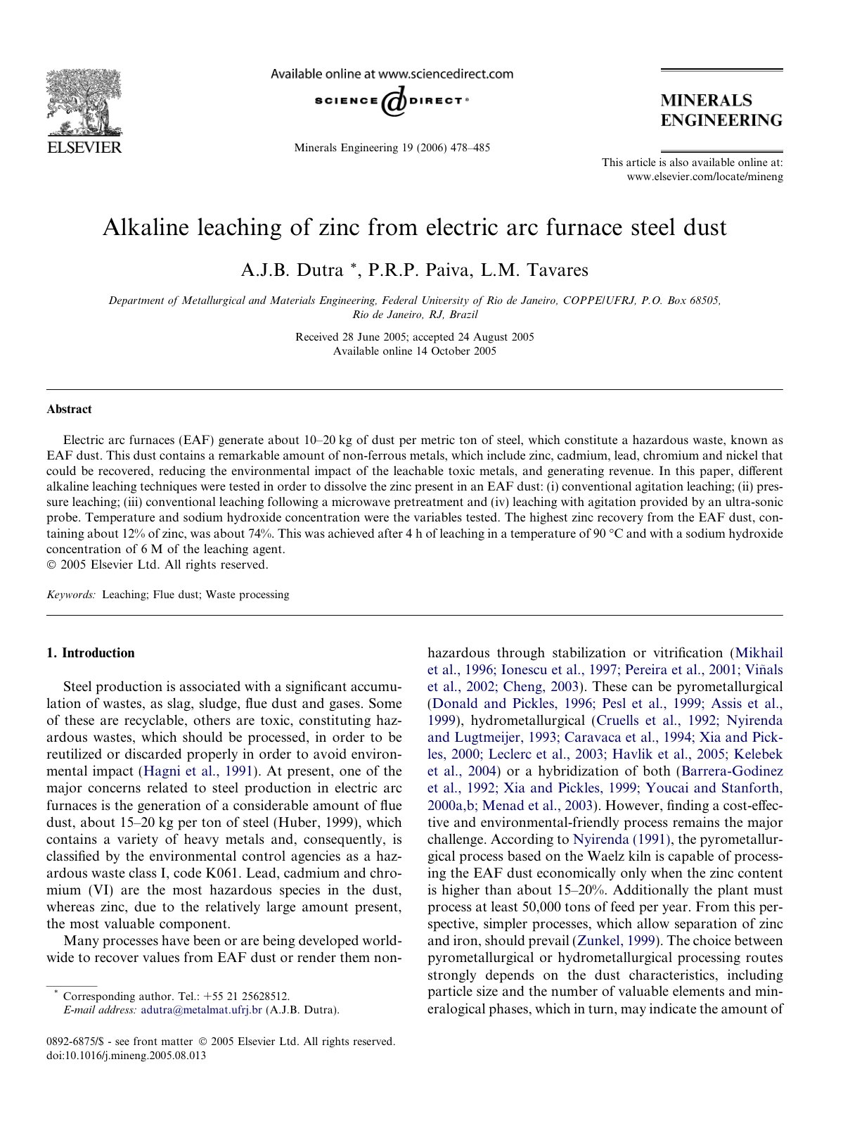 First page of Alkaline leaching of zinc from electric