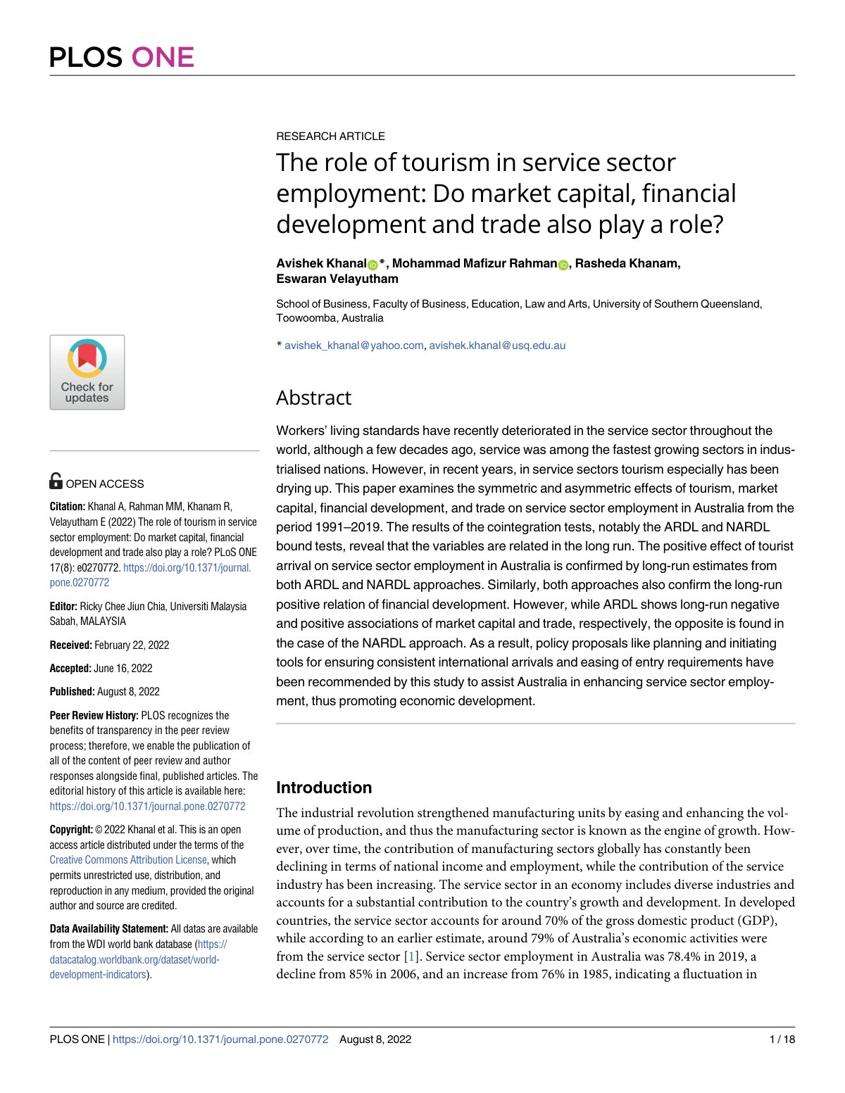 First page of The role of tourism in service sector employment: Do market capital, financial development and trade also play a role?